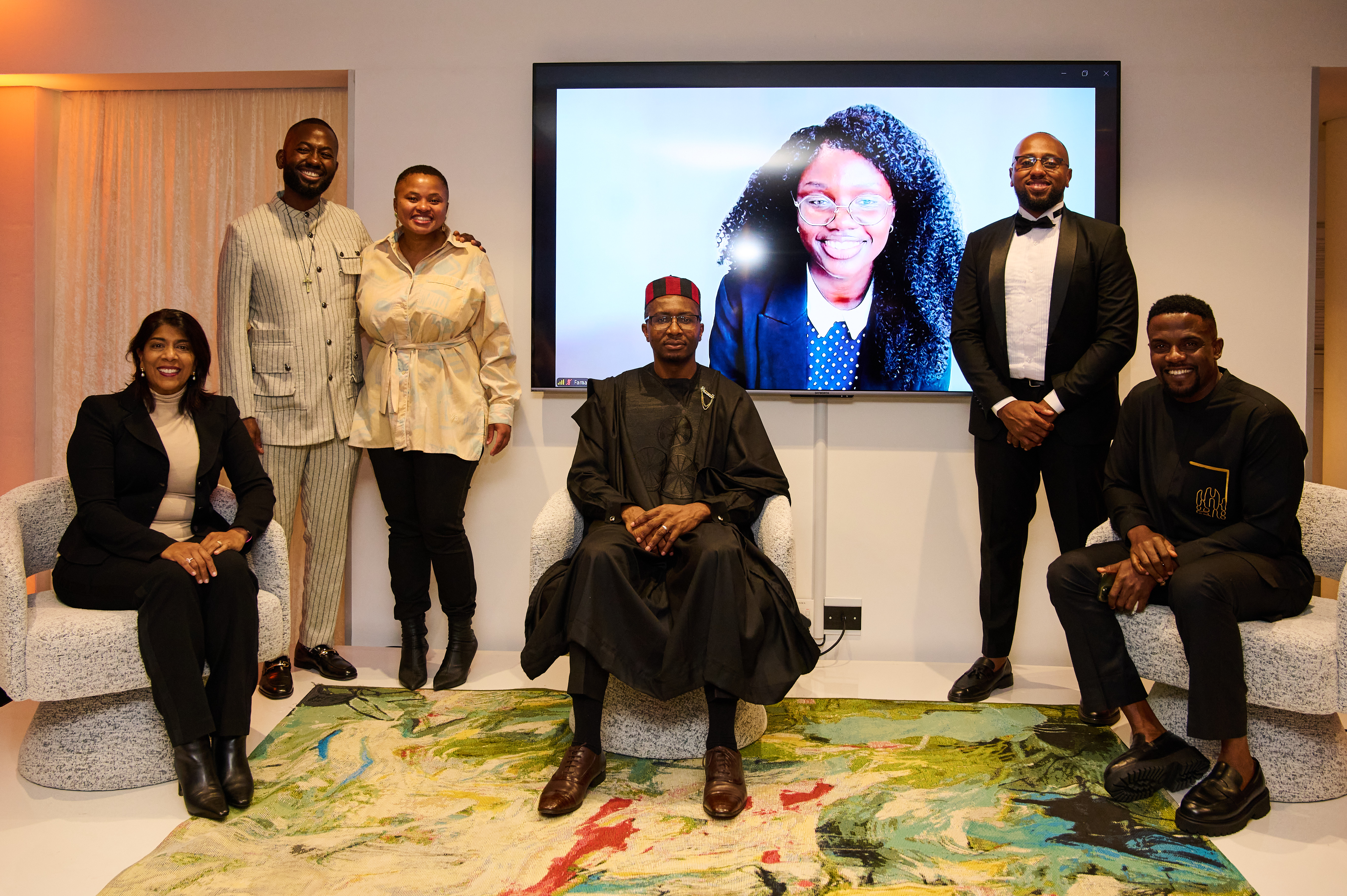 From left to right: Äänit judge Dr Shehnaaz Suliman, Äänit Chair Dr Sangu Delle, MRF CEO Judy Sikuza, Dr Sunday Ochai, Fama Jallow (on screen), Ntsako Mgiba and Dr Kenechukwu Ikebuaku From left to right: Äänit judge Dr Shehnaaz Suliman, Äänit Chair Dr Sangu Delle, MRF CEO Judy Sikuza, Dr Sunday Ochai, Fama Jallow (on screen), Ntsako Mgiba and Dr Kenechukwu Ikebuaku